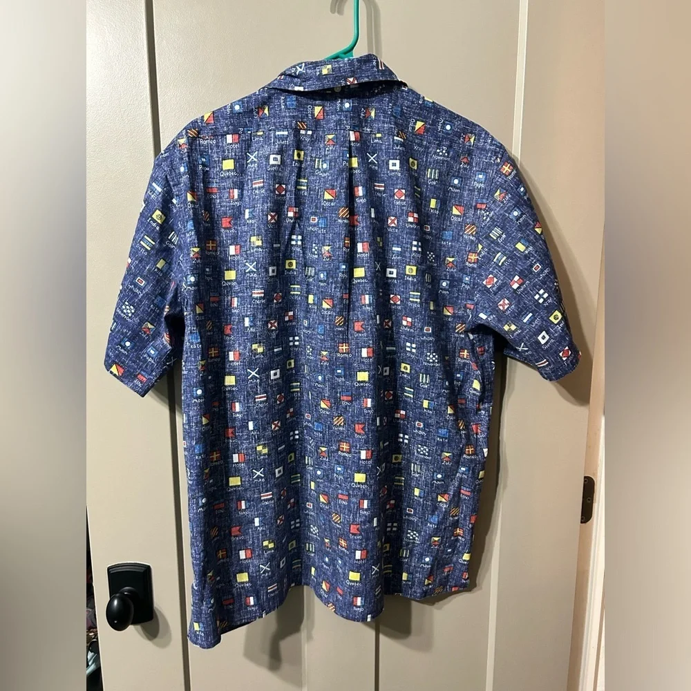 reyn spooner Navy Short Sleeve Button-Down with Multicolor Nautical Flag